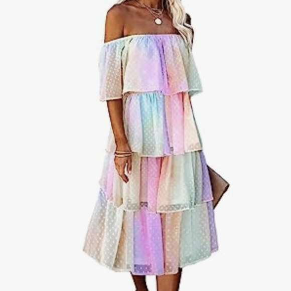 Amazon Dresses & Skirts - Pastel rainbow off the shoulder midi dress